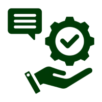 Speech bubble with gear and hand